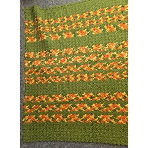Handmade Green Crochet Afghan Blanket Orange Yellow Floral Throw Vintage 32x54